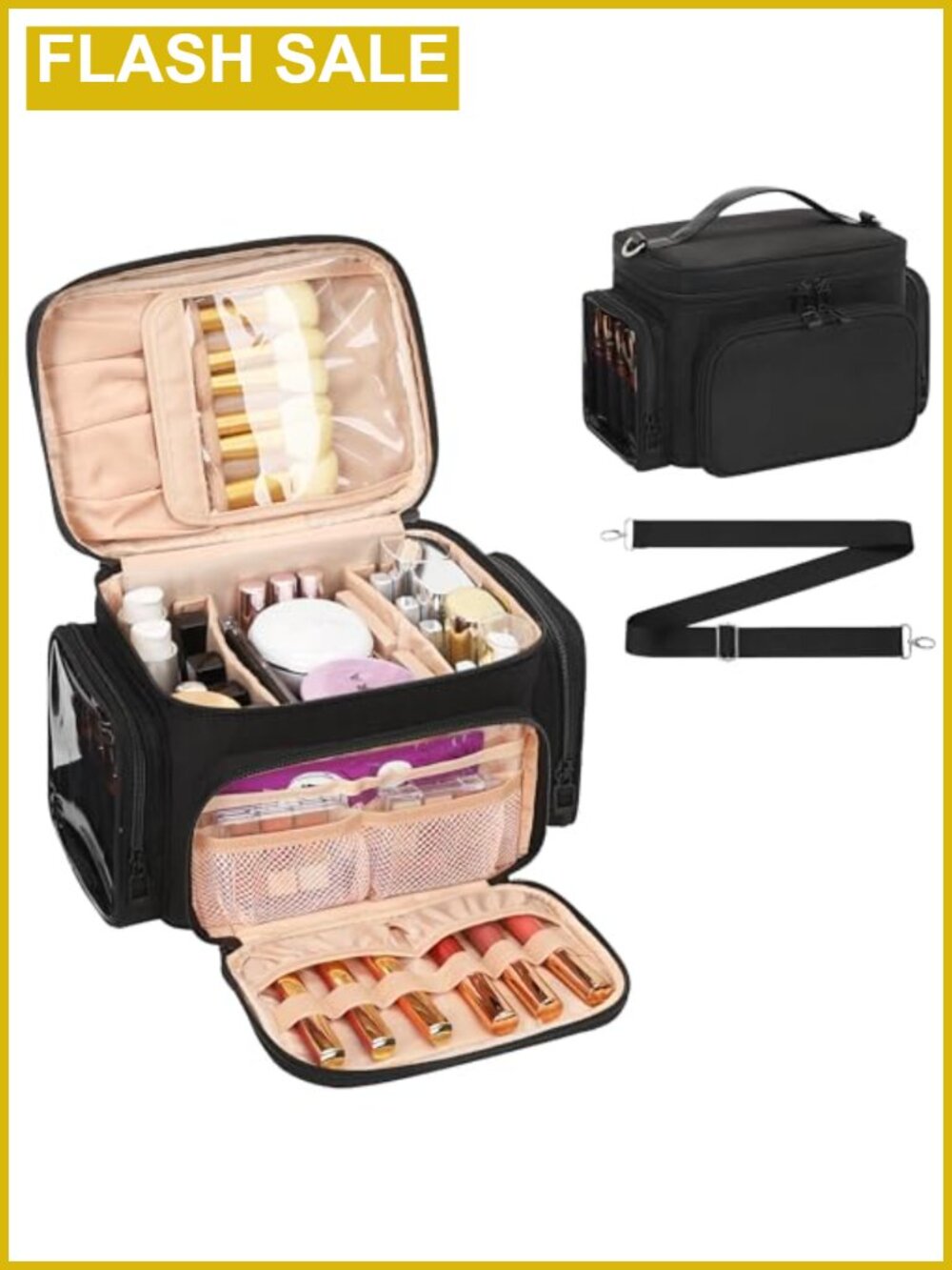 Travel Makeup Bag Cosmetic Organizer with Shoulder Strap and Brush